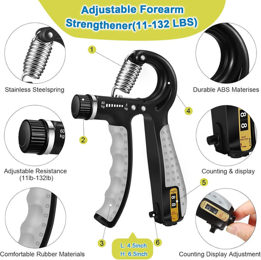 6-in-1 Grip Strength Trainer Kit – Hand Grip Strengthener, Finger Exerciser, Forearm Workout Ring & Extension Bands for Muscle Building & Injury Recovery