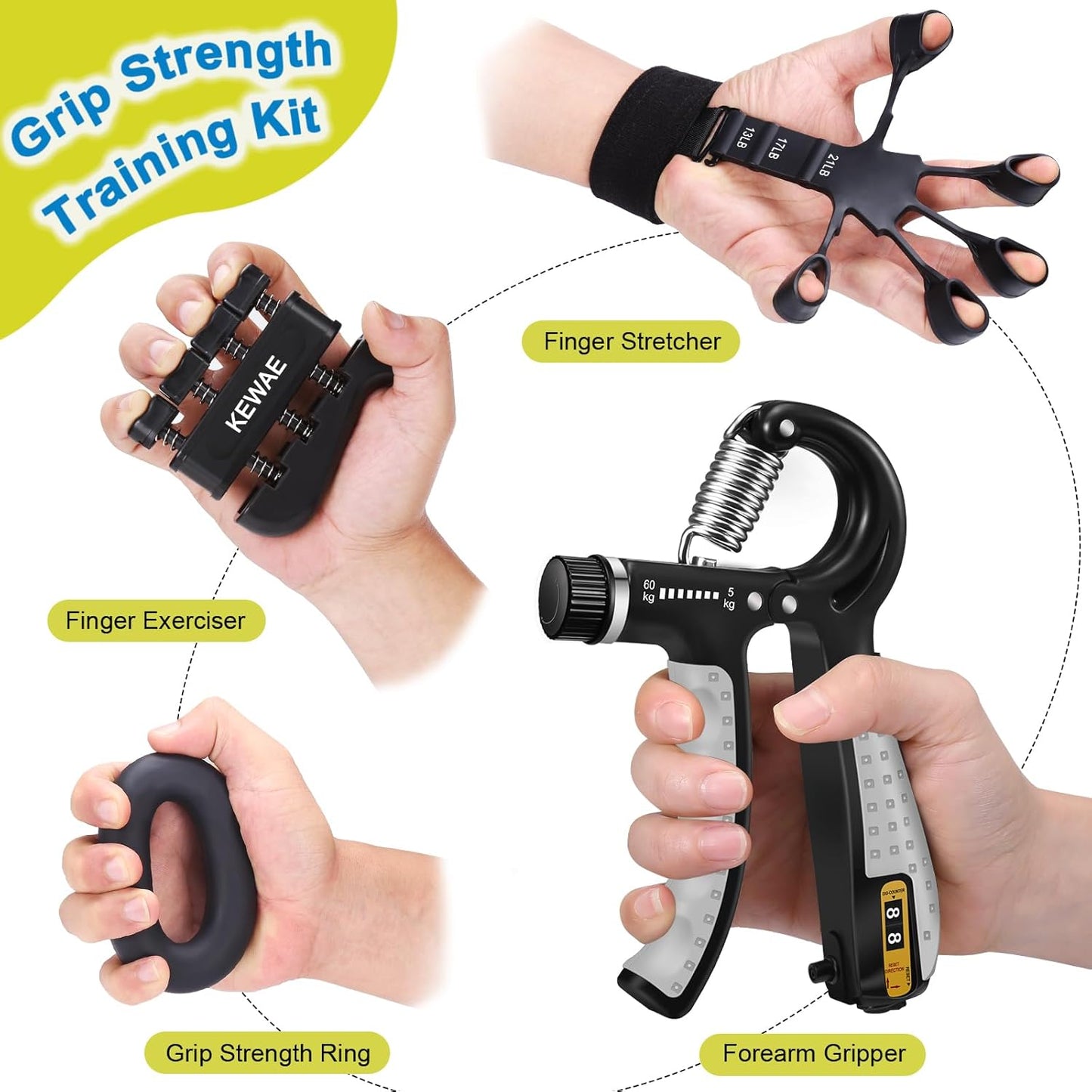 6-in-1 Grip Strength Trainer Kit – Hand Grip Strengthener, Finger Exerciser, Forearm Workout Ring & Extension Bands for Muscle Building & Injury Recovery