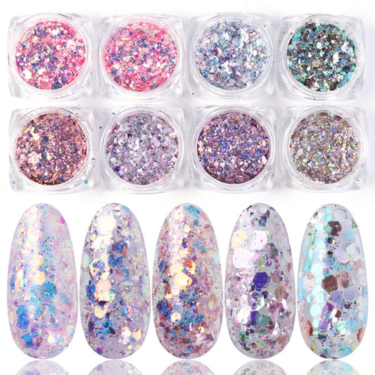 8-Box Mix Glitter Nail Art Powder Flakes Set – Sparkling DIY Nail Decoration for Manicure & Gel Nails