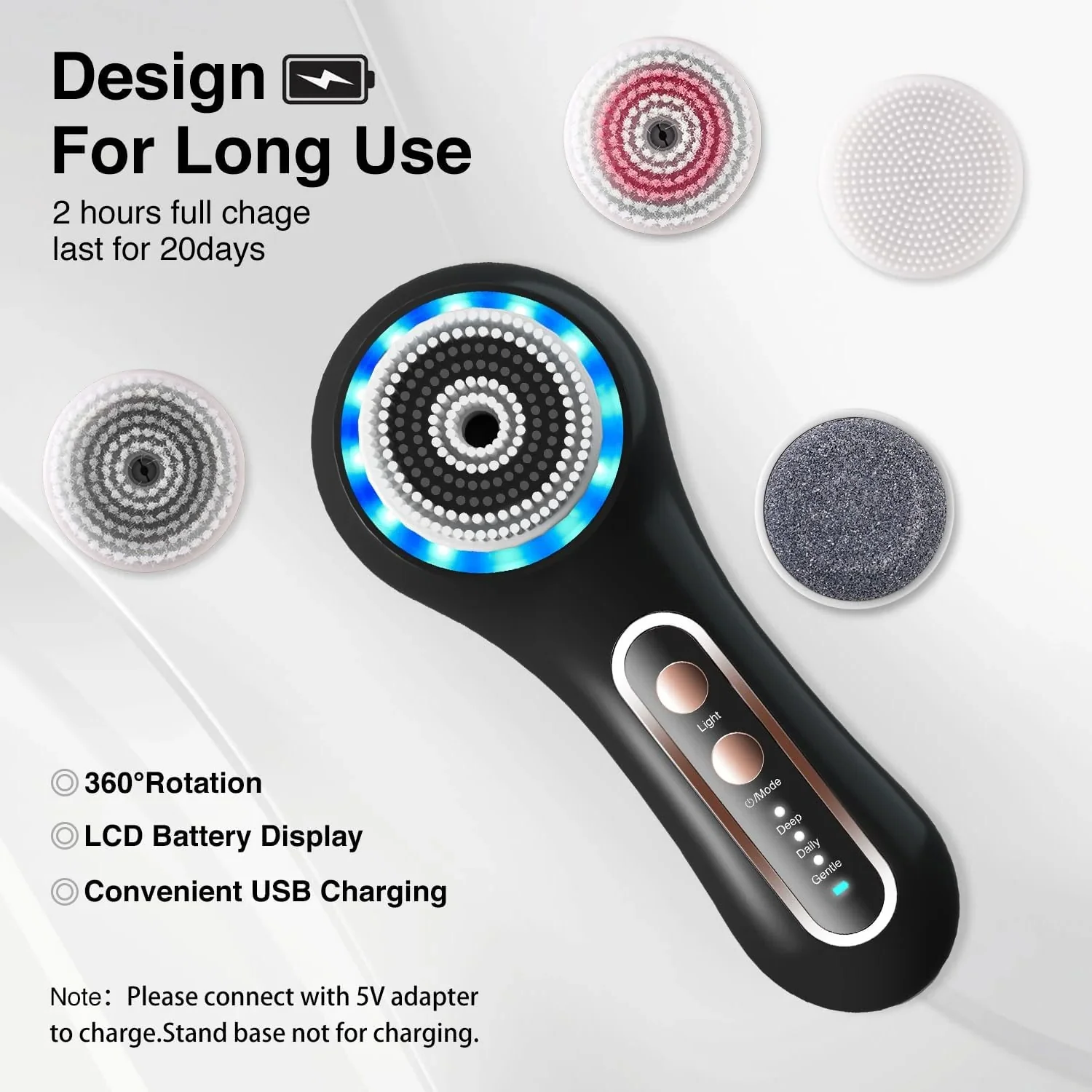 Rechargeable Electric Face Scrubber & Exfoliator – 5 Brush Heads, IPX7 Waterproof Spin Brush for Deep Cleansing & Massage