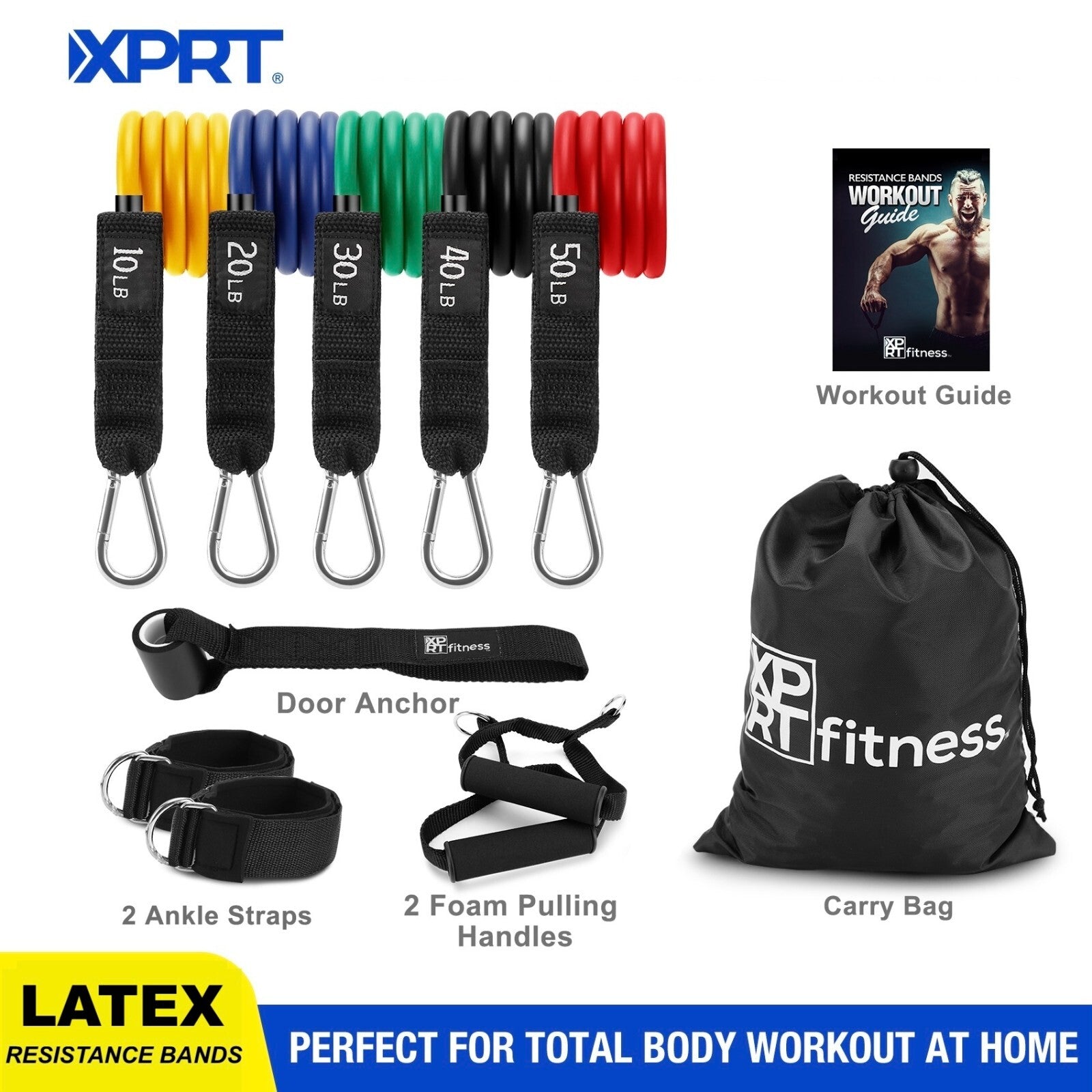 XPRT Fitness 11-Piece Resistance Bands Set 150LB - Ultimate Home Gym Kit