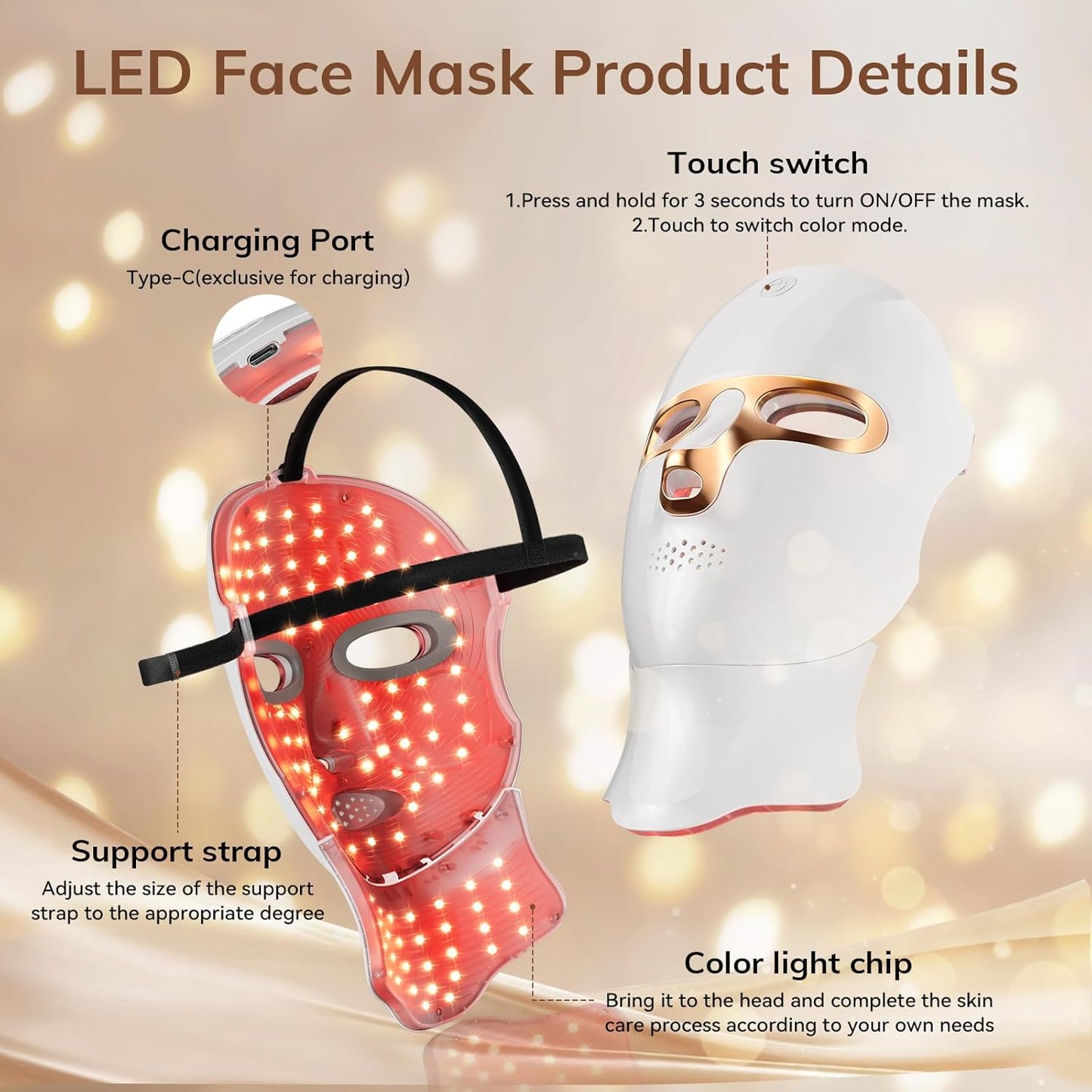 Red Light Therapy Mask for Face,Cordless LED Face Mask Light Therapy,Usb C Rechargeable,Infrared Light Therapy Mask for Home Working Travel Yoga Sleep