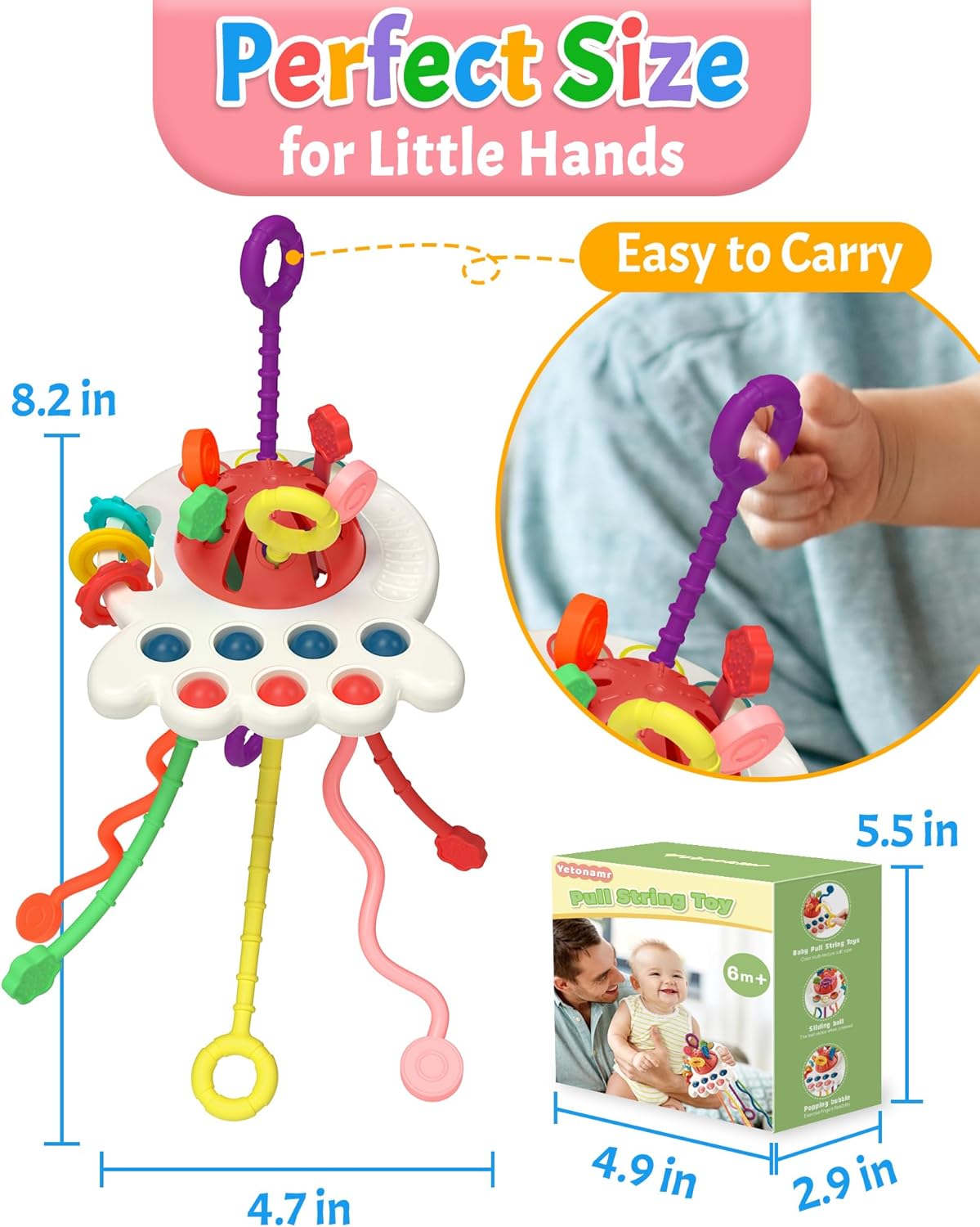 Baby Sensory Montessori Pull String Silicone Teething Toy – Travel & Birthday Gift for 6–18 Months Boys & Girls