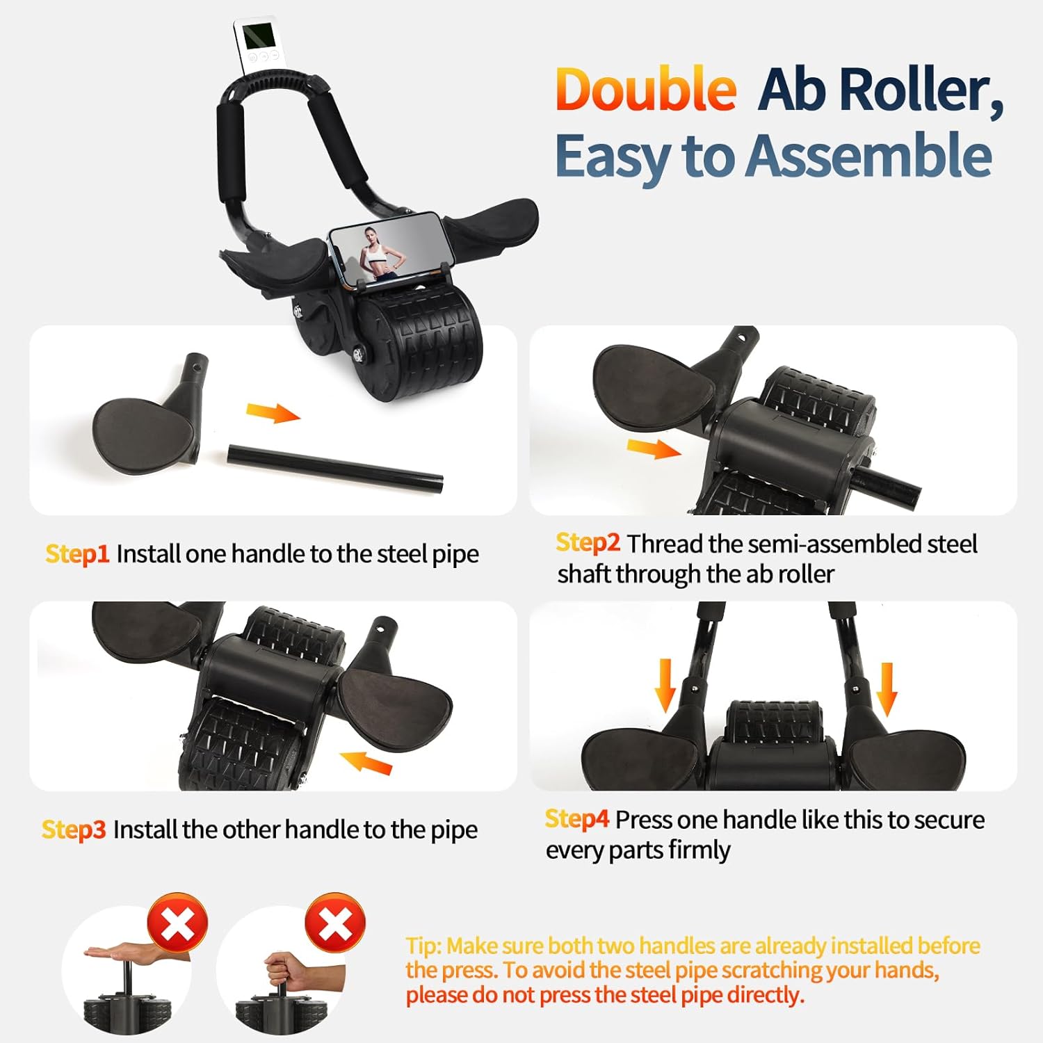 New Ab Roller Wheel with Timer & Knee Mat – Automatic Rebound Abdominal Exercise Wheel with Elbow Support for Core Strength & Abs Workout – For Men & Women