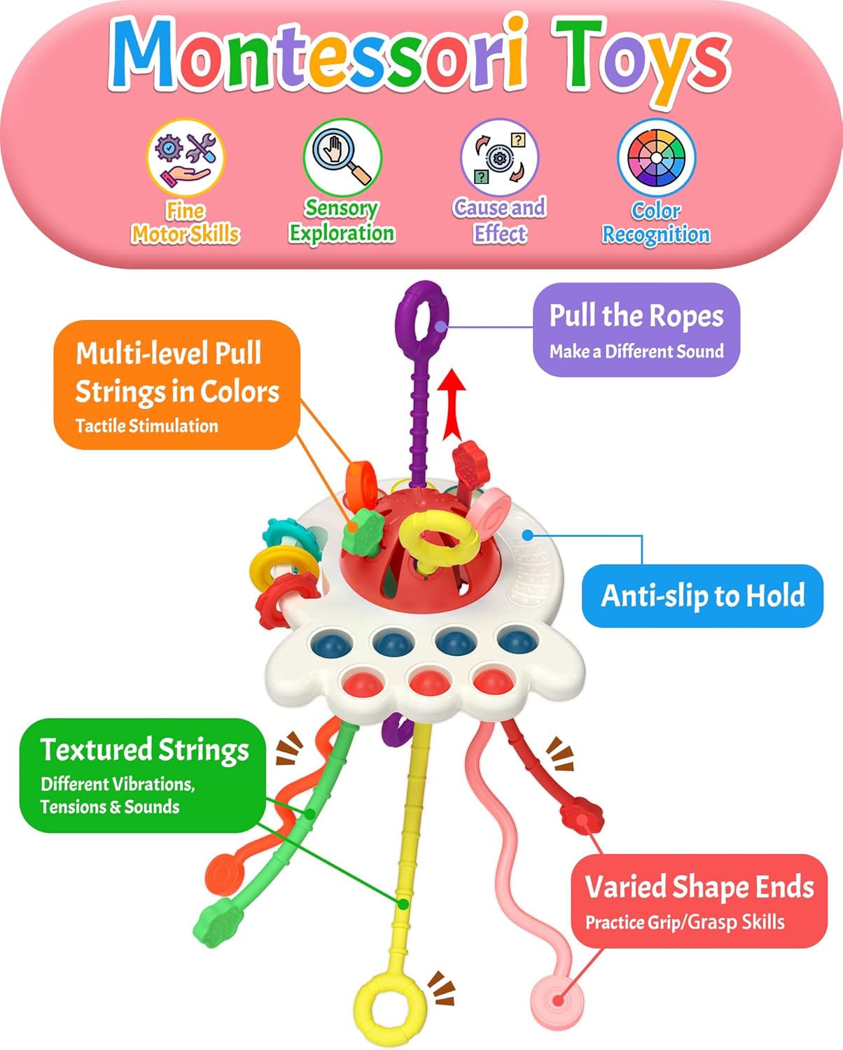 Baby Sensory Montessori Pull String Silicone Teething Toy – Travel & Birthday Gift for 6–18 Months Boys & Girls