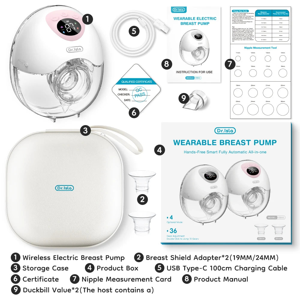 Dr. Isla Wearable Electric Breast Pump EB50E – Hands-Free, 4 Modes, 36 Suction Levels, Quiet Milk Collector with 19/24mm Flanges for Comfortable & Efficient Pumping