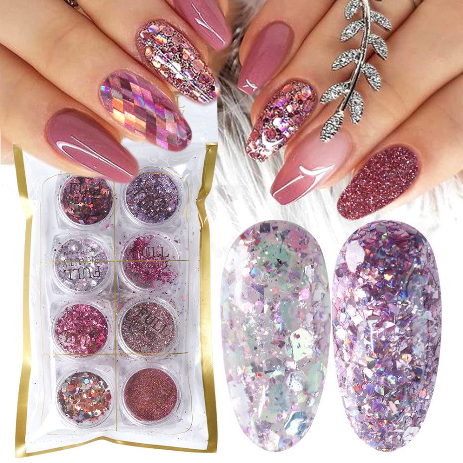 8-Box Mix Glitter Nail Art Powder Flakes Set – Sparkling DIY Nail Decoration for Manicure & Gel Nails